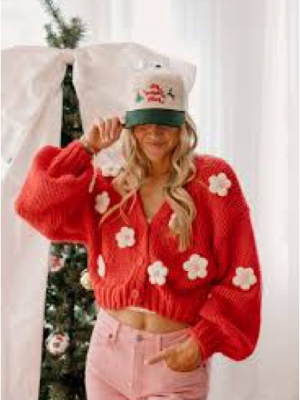 Red Floral Appliqué Cropped Cardigan Sweater